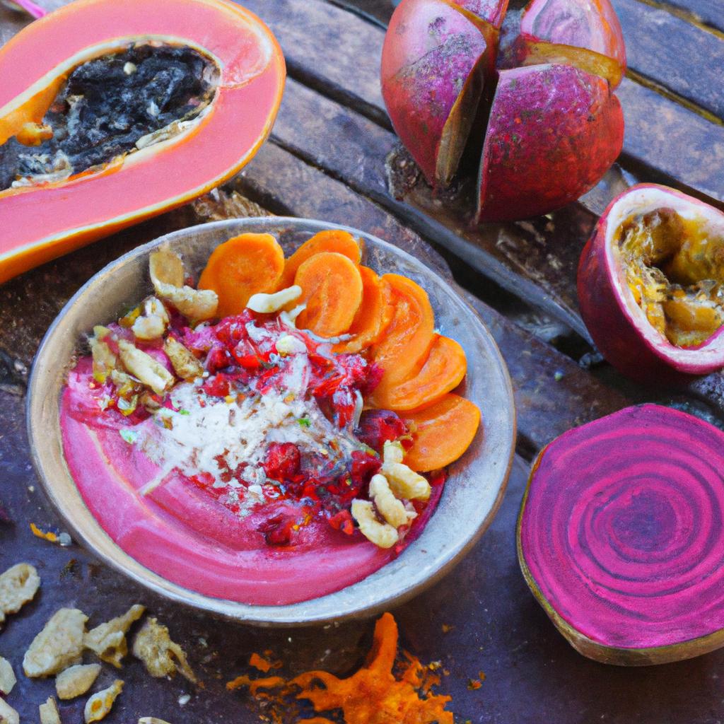 Start your day with a nutritious and delicious papaya and beetroot smoothie bowl.