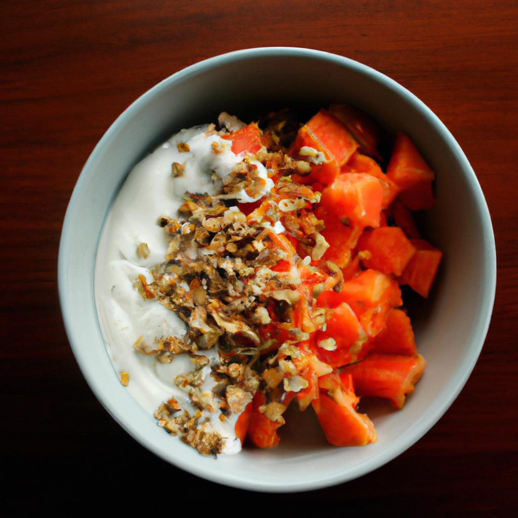 Papaya chunks with yogurt and granola make for a nutritious and filling nighttime snack.