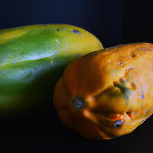 A comparison of a fresh and rotten papaya to show the difference in quality.