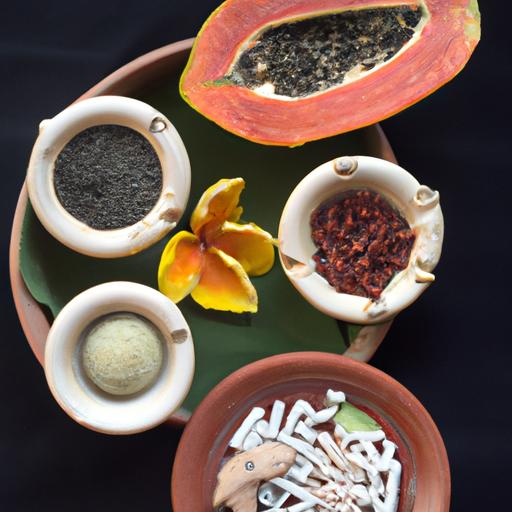 Dried papaya seeds in a bowl, surrounded by traditional herbal remedies, highlighting the folklore and misconceptions surrounding their contraceptive properties.