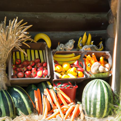 A colorful assortment of fruits and vegetables that goats can safely eat