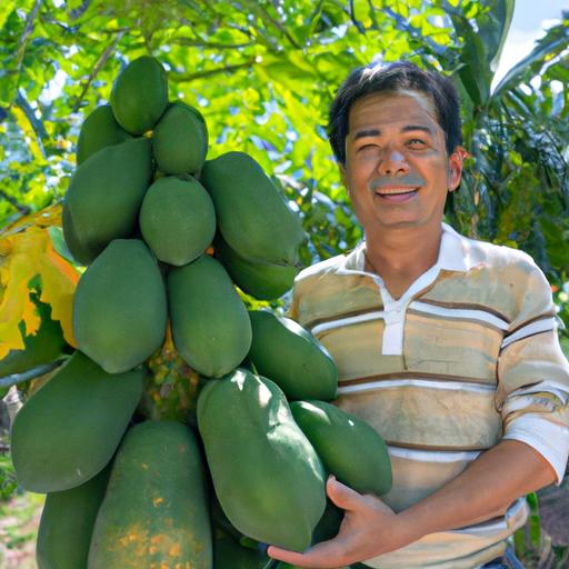 A papaya farmer showcasing his impressive harvest.