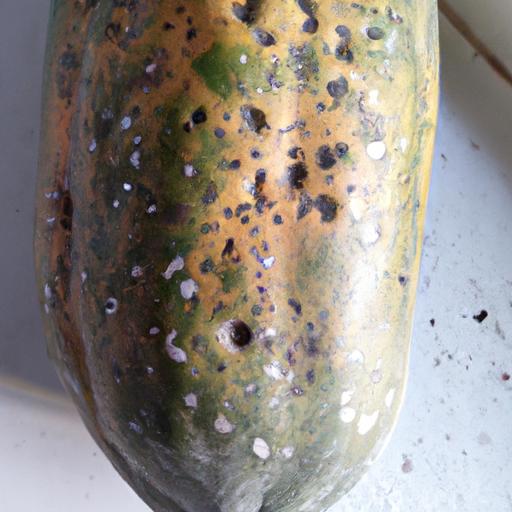 An overripe papaya with black spots indicating spoilage