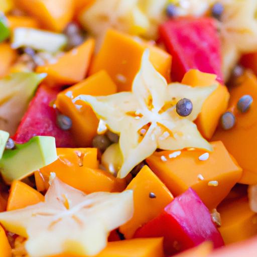 A colorful fruit salad with papaya as the centerpiece, promoting a diverse and balanced diet.