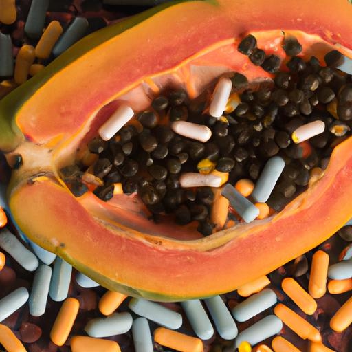 Pills scattered around a sliced papaya
