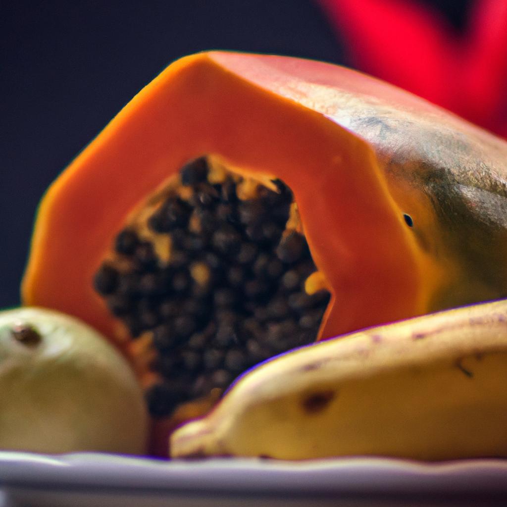 A ripe papaya on a plate surrounded by other fresh fruits.
