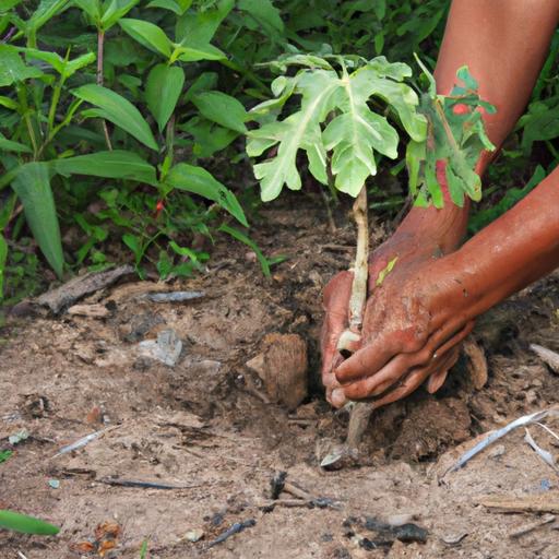 A farmer planting a papaya seedling in a prepared soil bed to ensure healthy growth.