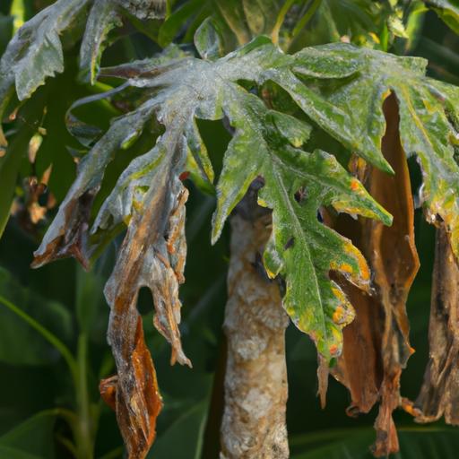 The leaves of this papaya tree have turned brown and wilted due to frost damage.