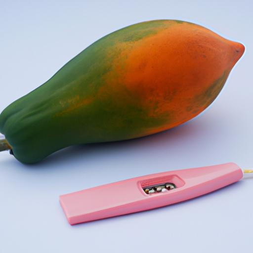 Contrasting papaya and a pregnancy test kit, highlighting the myth surrounding papaya as a contraceptive.