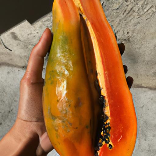 By feeling the texture and inspecting the color, you can tell if a papaya is ripe and ready to eat.