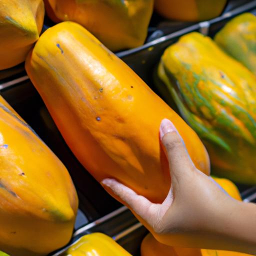 A shopper carefully selecting a ripe papaya from a display in a grocery store