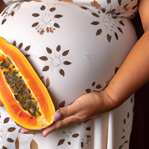 Pregnant woman holding a ripe papaya, highlighting the need to consider potential effects during pregnancy.