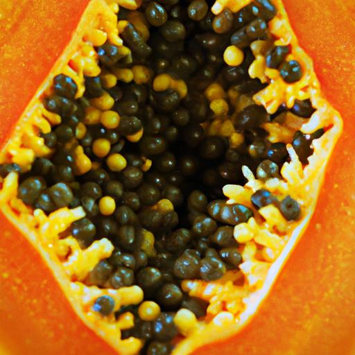 A ripe papaya sliced in half, showcasing its vibrant orange flesh and abundant black seeds.
