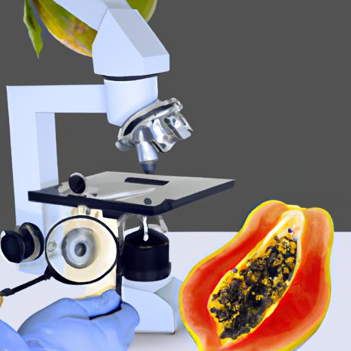 A scientist carefully observing a papaya sample under a microscope, studying the potential effects it may have on pregnancy.