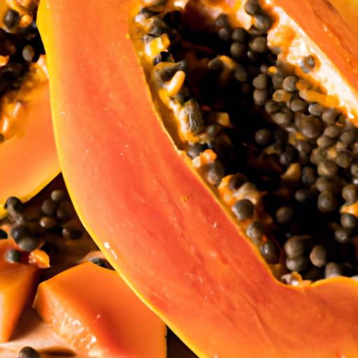 A close-up photo of a sliced papaya, showcasing its rich colors and the assortment of vitamins and minerals it offers.