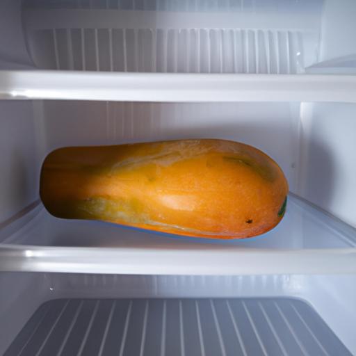 Papaya fruit stored in a plastic container to extend its shelf life in the fridge