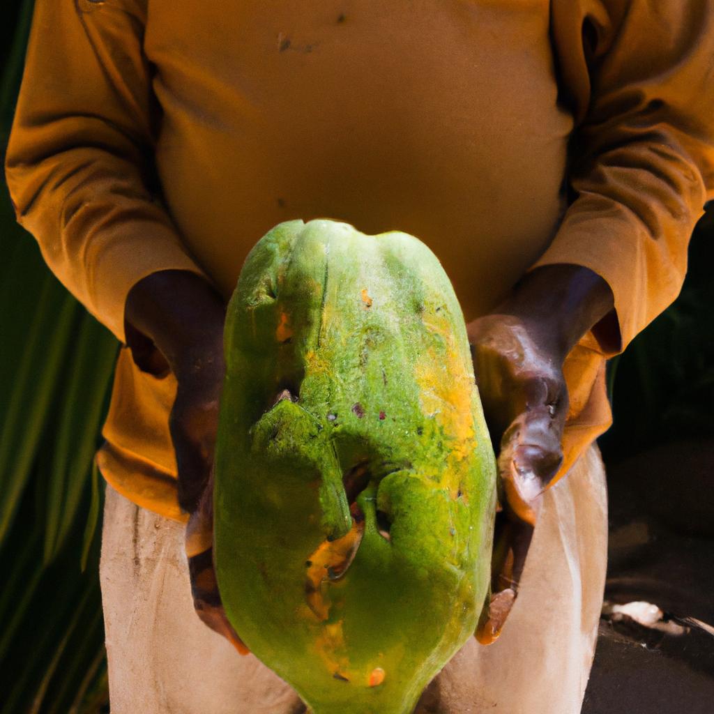 A farmer proudly displaying an exceptionally large papaya from their harvest.