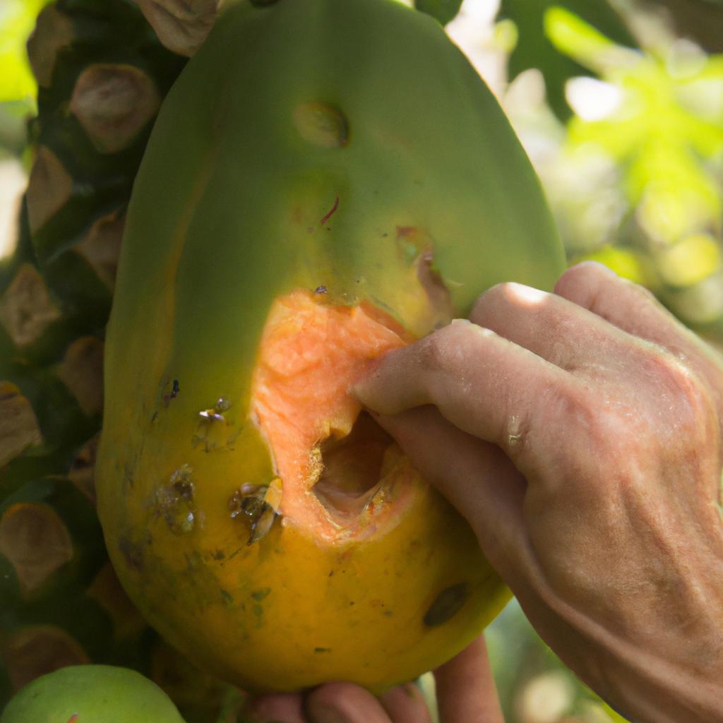 A ripe papaya with smooth skin and a sweet aroma, ready to be consumed.