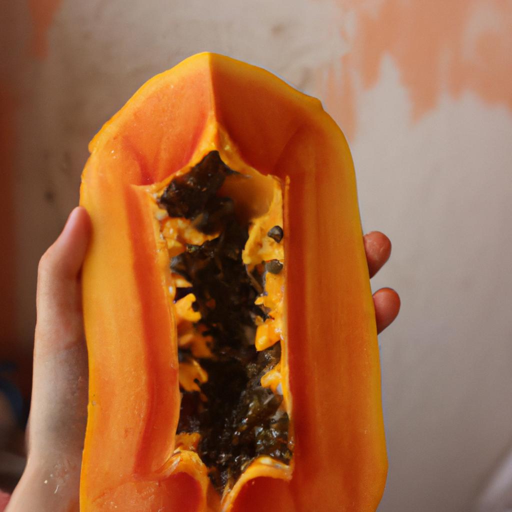 A close-up shot of a papaya fruit in a market, highlighting its unique texture and size amidst a variety of other fruits.