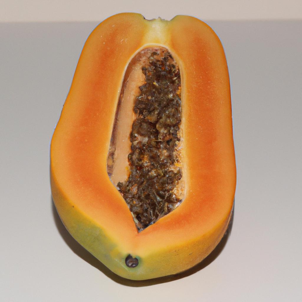 A papaya fruit resting on a wooden cutting board, showcasing its distinctive shape and vibrant orange color.