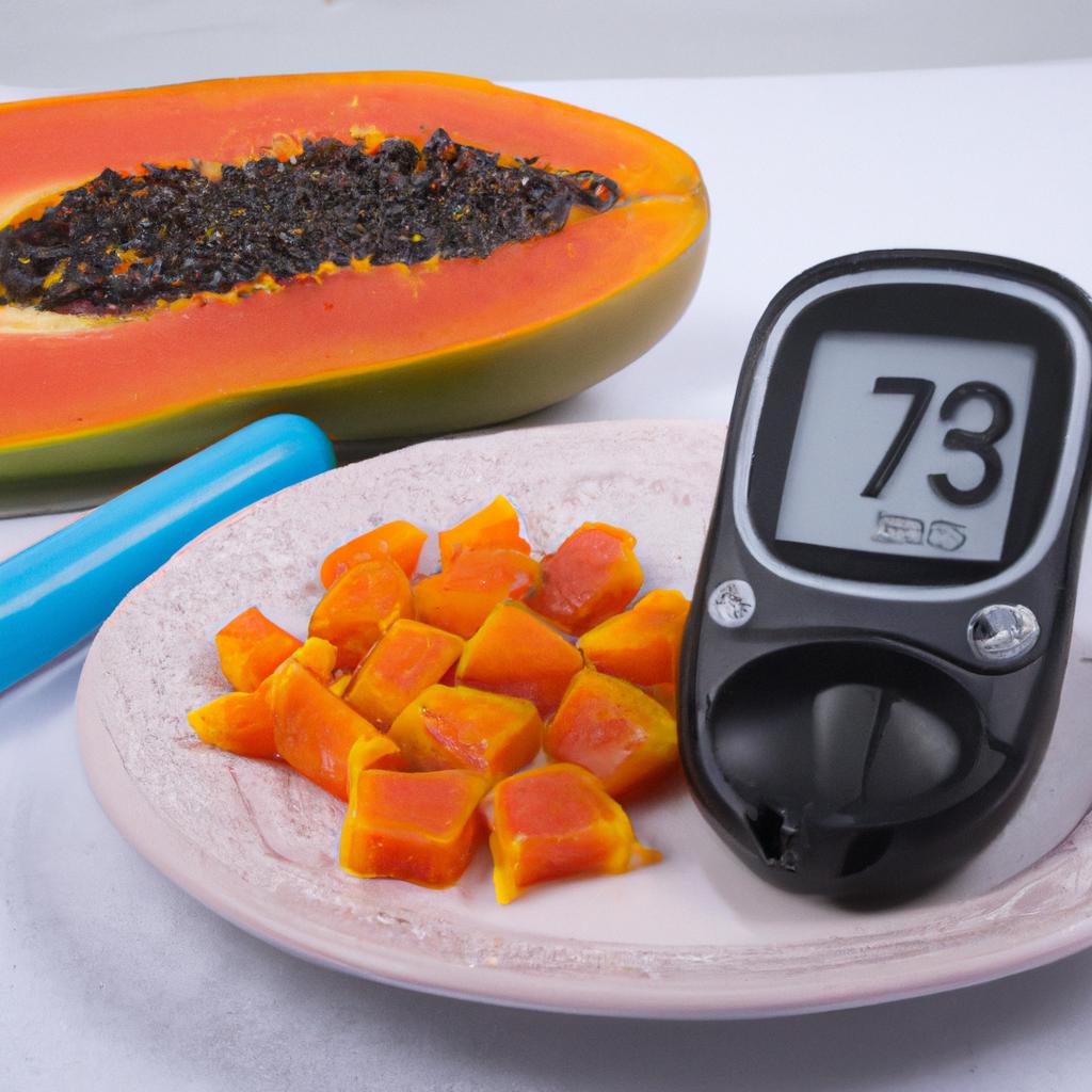 A close-up of freshly sliced papaya accompanied by a glucose meter, illustrating the connection between diabetes management and fruit consumption
