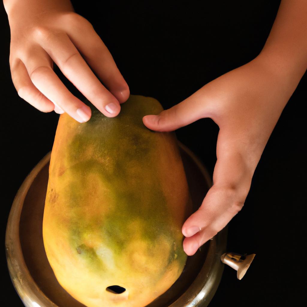 Evaluating the firmness of a papaya by applying gentle pressure.